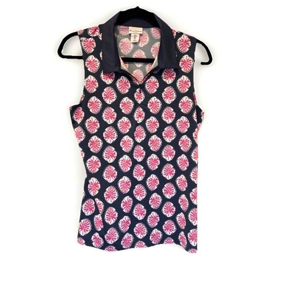 Tommy Bahama Womens Top L Navy Golf Sleeveless Polo Zip Collar‎ Leaf Print - Picture 1 of 8